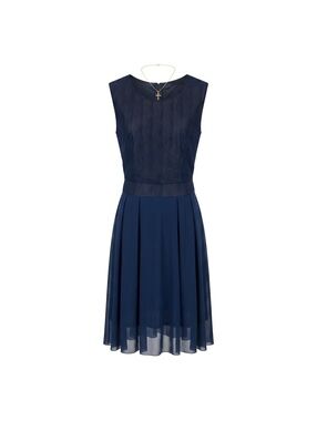 Homeyee Elegant Navy Sleeveless Midi Dress with Textured Bodice